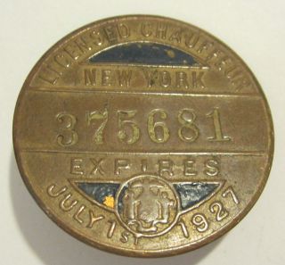 1927 NEW YORK METAL LICENSED CHAUFFEUR BADGE / PIN 375681