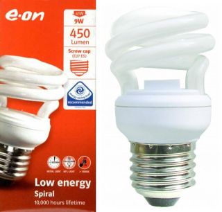 6x 9W Low Energy CFL Mini Spiral Light Bulbs; ES, E27