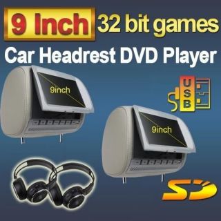 Gray 2x9 Headrest ISO Car DVD Player Pillow Monitors 32 bit Games USA 