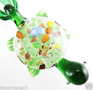Green Sea Turtle Lampwork Murano Art Glass Pendant Ribbon Necklace 