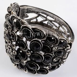 Amazing Tibet Silver Black Faceted Beads Flower CZ Chunky Cuff 