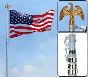 25ft Telescoping Aluminum Flagpole Eagle +Gold Ball Top Finial 