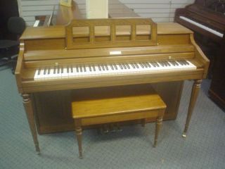 Nice used Wurlitzer Spinet Piano vertical Pecan cabinet & bench SEE 