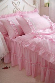 Shabby and elegant Pink gingham w/lace Duvet cover Bedding set