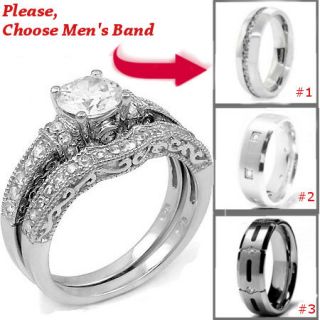 Wedding Rings Set 3 pcs Hers STERLING SILVER His Titanium or Stainless 