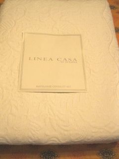 QUEEN LINEA CASA/SFERRA MATELASSE COVERLET SET BRIGHT WHITE 100% 