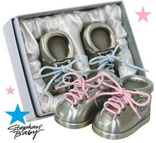 BRAND NEW PINK / BLUE BABY SHOES FIRST TOOTH/ CURL PEWTER KEEPSAKE SET