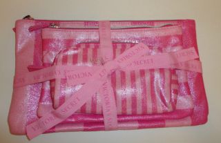 Victorias Secret Pink Stripe Cosmetic Makeup Bag Trio Set NWT