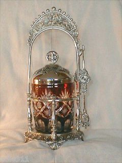   CUT GLASS PICKLE JAR ~ New ~ SILVER PLATE CASTOR & TONGS ~ Great Gift