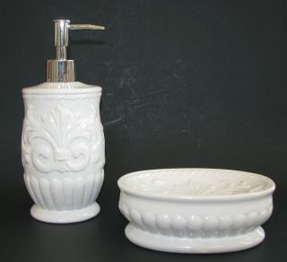 2PC BATHROOM SET WHITE FLEUR DE LIS CERAMIC SOAP/LOTION DISPENSER+DISH 