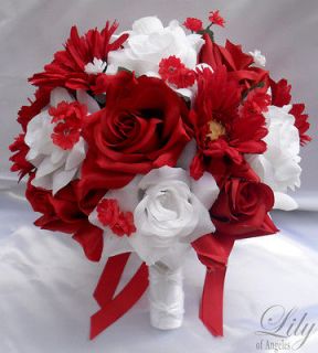17pcs Wedding Bridal Bride Bouquet Flowers Decorations Silk Daisy RED 