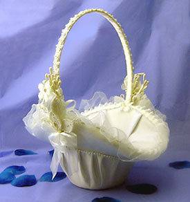 IVORY Light Cream FLOWER GIRL BASKET ~ Satin Pearls Wedding Decor 