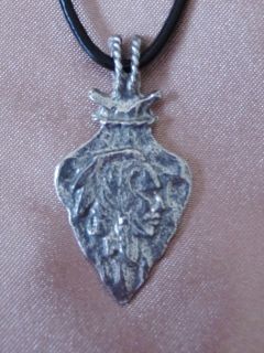 Native American Indian pewter pendant. Arrowhead portrait necklace.