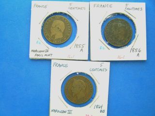 France Lot of 3 Napoleon III Coins. 5 Centimes. 1855A, 1856A, 1864BB
