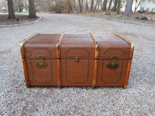 ANTIQUE 19TH CENTURY GERMAN DOME TOP BLACK ,WOOD & TIN STEAMER TRUNK