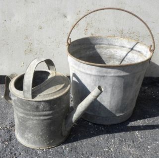 Vintage Galvanized small WATERING CAN and PAIL, RUSTIC Aluminum