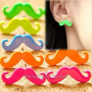 Moustache Curled Beard Stud Earrings Fashion Jewelry Bright Neon Color