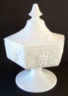 Imperial Glass Milk Glass Paneled Candy Dish w/ Lid Grape Pattern c 