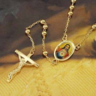 60cm.GOLD FILLED Rosary Pray Bead Blessed God Cross Necklace.New