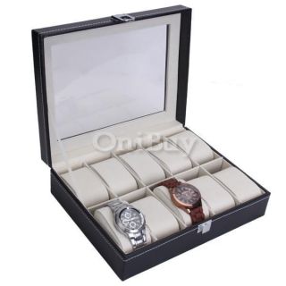 Jewelry Watches Display Showing Storage Leather Case Box Black 10 Grid 