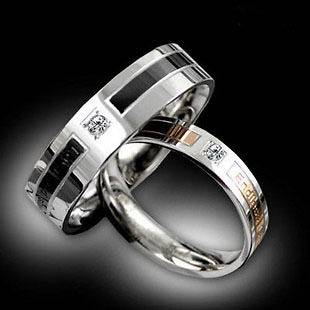 Diamante Gold/Black Titanium Steel Lovers Promise Rings Couple Wedding 