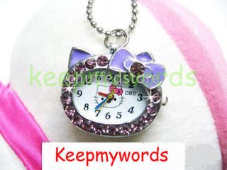   Purple Crystal Stone Necklace Pendant Pocket Watch & Free Gift Box