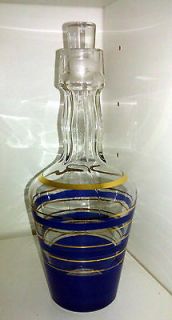 Vintage Blue Striped Glass Whiskey / Liquor Decanter Decorative Bottle