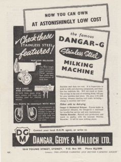   1960 DANGAR G STAINLESS STEEL COW MILKING MACHINE Advertisement
