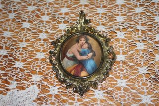 Vintage Chic Ornate Metal PICTURE FRAME Italy Cloth Print Mother Child