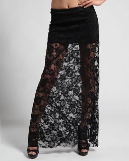 MOGAN BOHO Floral Sheer LACE Maxi LONG SKIRT w/ Mini Skirt Lining 