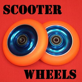 Blue Metal Core Scooter Wheels Orange PU 2x100mm wheels including 