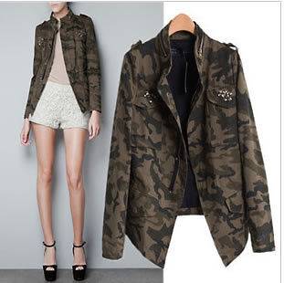   Woman Lady Army Green Camouflage Pocket Beading Jacket Coat S M L