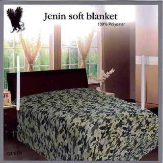 QUEEN Super Soft GREEN ARMY CAMOUFLAGE PRINT Microfiber Blanket Throw