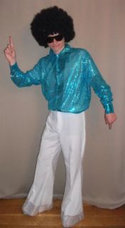 FANCY DRESS Mens 70s 80s DISCO blue shirt & white flares Outfit Sz XL