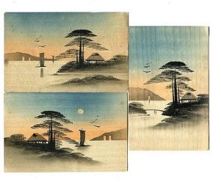 Three 3 Hancolored Japanese Wood Postcards Boats Trees Night Scenes