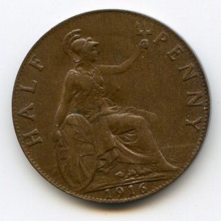 1916 Great Britain 1/2 Penny Coin XF+