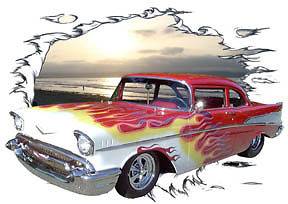 1957 Red Flames Chevy Bel Air Sedan Hot Rod Sun Set T Shirt 57, Muscle 