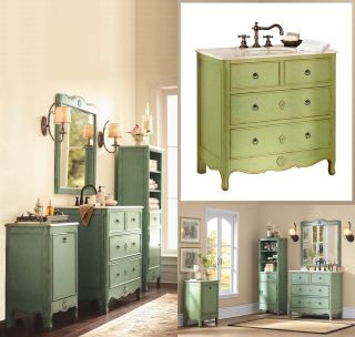 Bathroom Vanity Cabinet    Solid Wood and Marble; Antique Green Finish