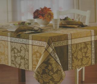   GREEN GOLD AUTUMN LEAVES FALL JACQUARD PLAID TABLECLOTH VARIOUS SIZES