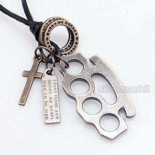   Brass Knuckle Cross Pendant Charms Genuine Leather Adjustable Necklace