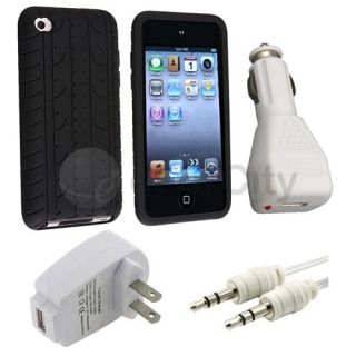 Black Tire Tread Silicone Gel Cover+Car+Wall Charger+Cord for iPod 