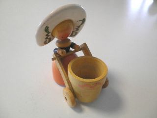   Flower Holder Woman Pushing Yellow Wheel Barrow Made in Japan