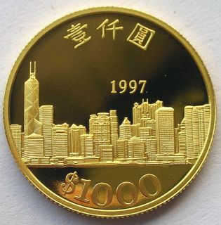 HongKong 1997 Return to China 1000 Dollars Gold Coin,Proof