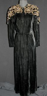 VINTAGE 1940S LONG BLACK EVENING GOWN DRESS SEQUINNED PEPLUM 