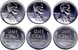1943 LINCOLN STEEL WHEAT PENNY SET OF 3 COINS