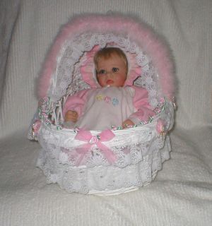 Ooak White Wicker Lacey Pink Marabou Roses Baby Doll Display Bassinet
