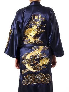 Traditional Silk Satin embroider Mens dragon Kimono Robe Gown pajamas 