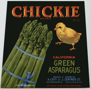 CHICKIE Vintage Asparagus Crate Label chicken bird blk