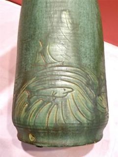 RARE 1930s ART CRAFTS Matte Green STEVENS Pottery LAMP BASE Carved 