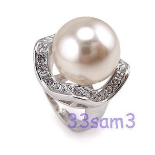 SUPERB 18K WHITE GOLD GP BALL PEARL & BRIDAL DIAMOND ENGAGEMENT RING 